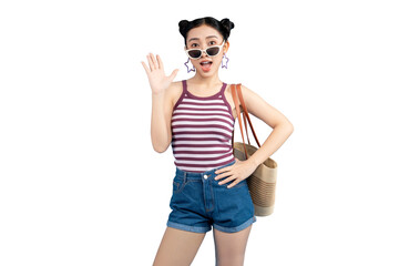 Portrait young Asian woman waving. She is wearing sunglasses on PNG