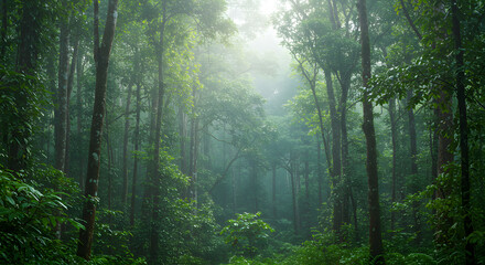 Lush green forest with fog fills the scene