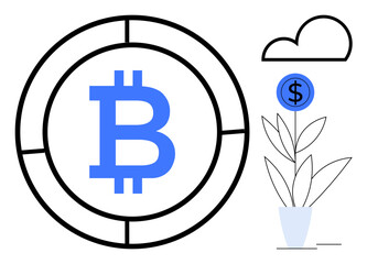 Bitcoin logo inside segmented circle, plant with dollar symbol as flower, and cloud element. Ideal for cryptocurrency, blockchain, finance, investment, savings fintech digital economy. Modern flat