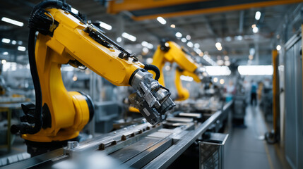 Industrial engineers supervising robotic arms in production line, concept of smart industry and high-tech innovation industrial engineers, supervising robotic arms, production line