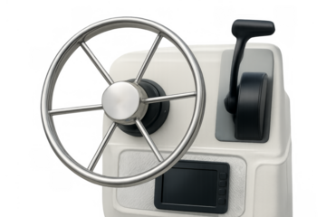 Boat console with steering wheel and throttle on transparent background