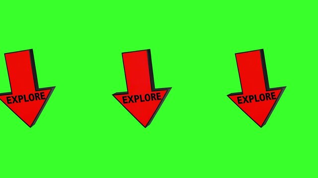 A descending sequence of rich red downward-pointing arrows. The word 'EXPLORE' is printed vertically on each arrow in bold black letters. The arrows appear to cascade or fall against a bright green ch