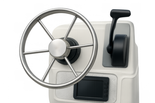 Boat console with steering wheel and throttle on transparent background