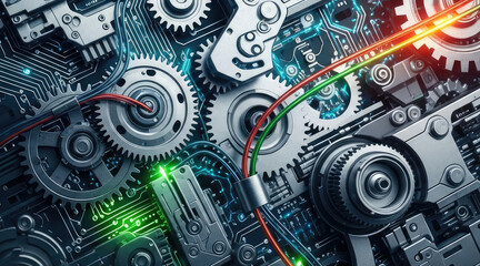A complex mechanical and electronic circuit with gears, wires, and glowing lights.