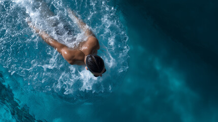 Swimmer practicing in blue swimming pool, aerial view of sports training and fitness performance swimmer practicing, blue swimming pool, aerial sports photography, training perform