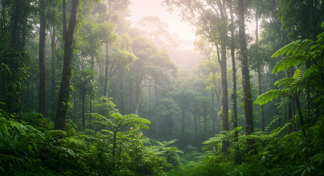 Misty Tropical Forest with Lush Greenery - Powered by Adobe