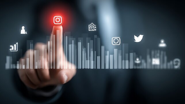 Businessman s finger interacts with a futuristic digital interface displaying data analytics and social media icons