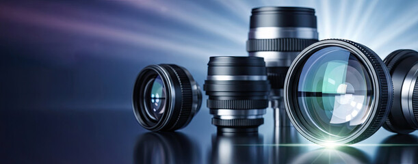 A collection of camera lenses on a reflective surface with a gradient background.