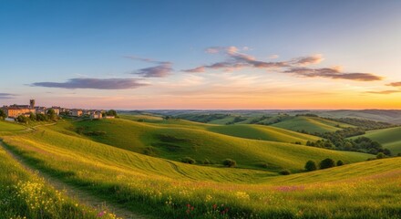 A picturesque landscape with rolling green hills and a village in the distance, under a vibrant sunset sky with scattered clouds.