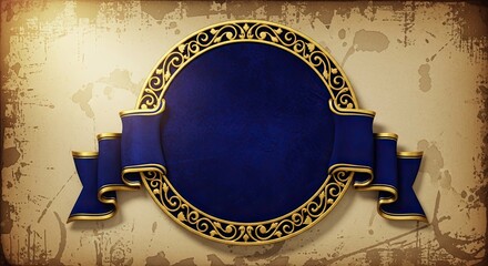 A blue and gold ornate circular frame with a blue ribbon on a textured, aged background.
