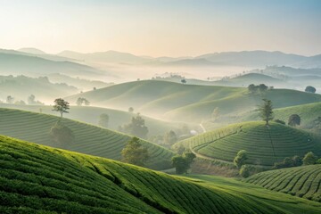 Fototapeta premium Serene morning in a lush green tea plantation, with misty hills and winding paths in the background