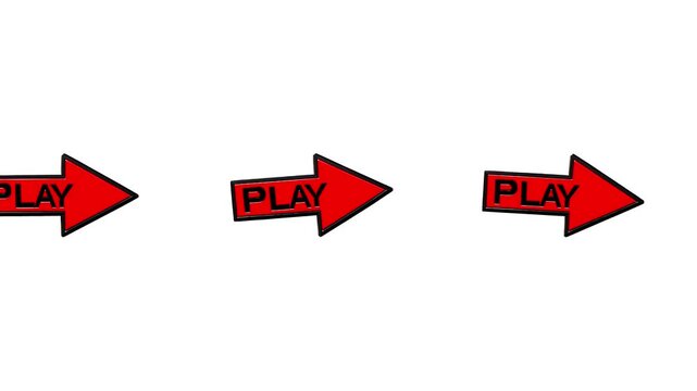 Animated red arrow featuring "PLAY" text inside, moving horizontally across a clean white background. Perfect for media player controls, interactive web elements, video start indicators, streaming ove