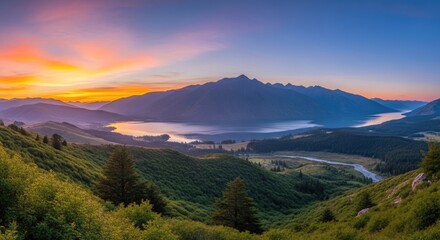 Sunset over a mountain range with a lake in the foreground.