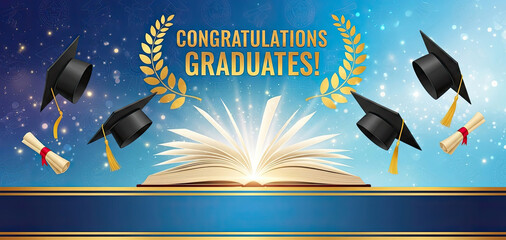 Graduation hats and diplomas flying in the air against a blue and white background.