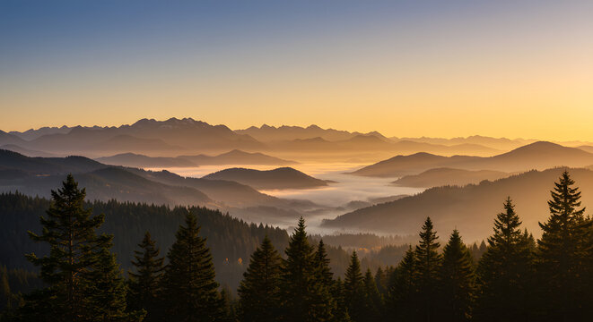 Misty Mountain Landscape at Sunrise With Forest - Powered by Adobe