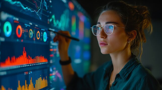 Focused woman analyzing complex financial data on a large interactive digital display screen