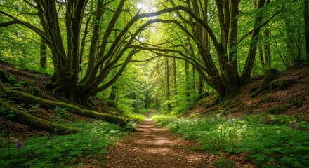 A serene forest path leading through a lush green forest with tall trees and a clear sky.