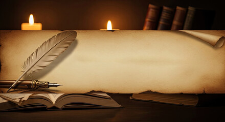 Ancient parchment with a feather and a pen on a wooden table with books and candles in the background.