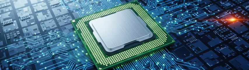 A computer processor on a circuit board with a blue and green background.