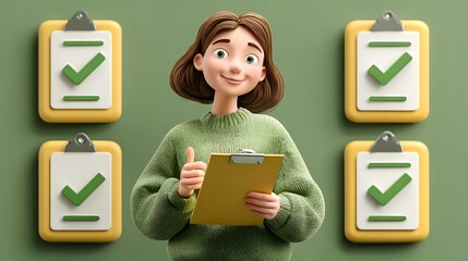 Animated woman holding clipboard surrounded by completed tasks on yellow clipboards with green checkmarks