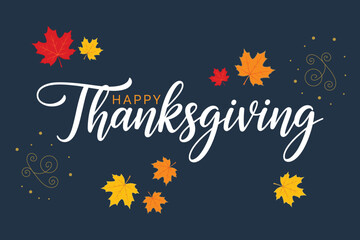 Happy Thanksgiving Lettering Background with Leafs – Autumn Holiday Vector Illustration