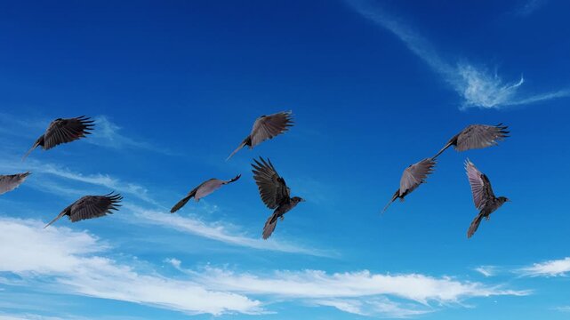 A group of crows soaring high against a clear blue background with light clouds. This natural scene captures the freedom and collective movement of birds in flight.