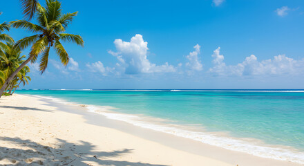 Fototapeta premium Palm Trees overlook Tropical Beach Paradise