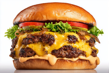 Close Up of Juicy Double Cheeseburger with Lettuce and Tomato