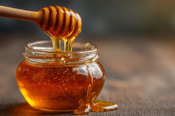 Golden Honey Dripping from Wooden Dipper into Glass Jar