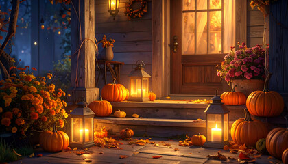 Obraz premium Cozy Autumn Porch Decorated with Glowing Pumpkins and Lanterns at Night.