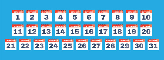 Complete October Calendar Dates 1 to 31 Icon Set Vector