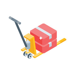 A vibrant isometric icon of hand pallet truck, pallet jack transporting a package box
