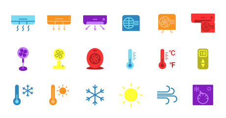 Flat vector icon set for air conditioning and weather, including AC units, fan, thermometer, snowflake, sun, wind, and thermostat. Colorful collection of climate control and temperature symbols