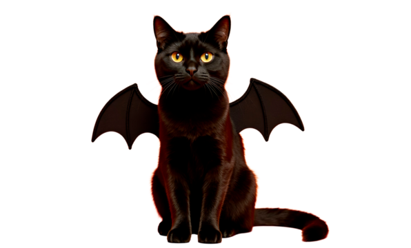 Black cat with bat wings on a transparent background