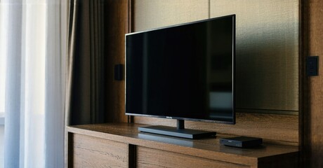 Fototapeta premium Modern television mounted above wooden cabinet. Neutral tones dominate interior space, creating calm atmosphere. Minimalist design.