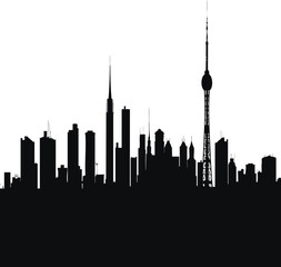 Black silhouette of city skyline with communication tower and buildings white background.




