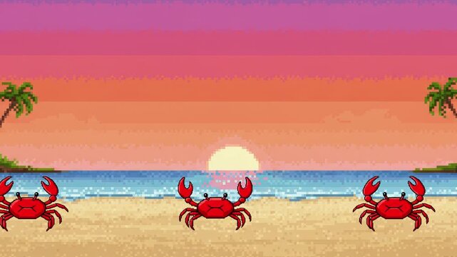 Three red pixel-art crabs scuttle side-to-side along a sandy beach under a bright sun with gentle ocean waves in retro 2D animation. Ideal as a looping background for summer, vacation, or arcade-style
