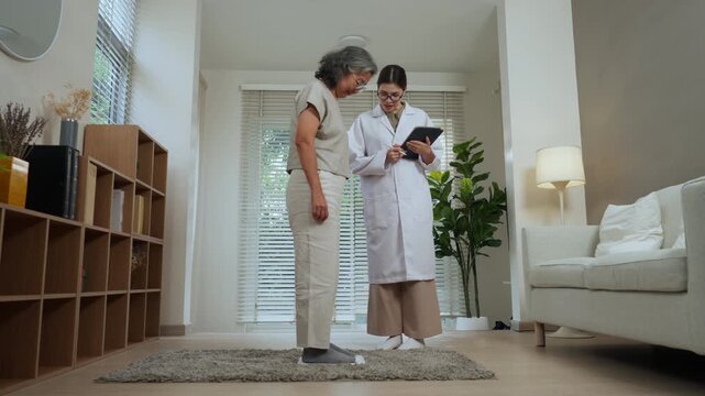 Elderly caregiver consultation at home with nutrition guidance by food consultant offering compassionate care and balance training for senior wellness, mobility rehab, and supportive guidance