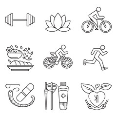 Fitness and Healthy Lifestyle Icon Set, Yoga, Gym, Running, Cycling, Wellness, Nutrition Vector