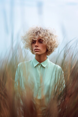 A woman with blonde hair stands in a field of tall grass