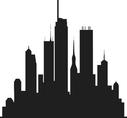 Black silhouette of city skyline with communication tower and buildings white background.




