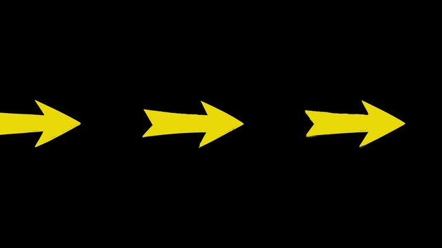 A simple 2D vector motion graphic animation featuring bright yellow navigation pointer chevron arrows moving horizontally. The continuous looping sequence is set on a solid black backdrop.