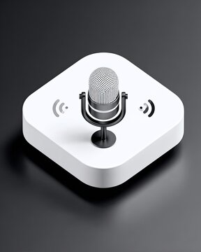 A stylized, 3D icon of a microphone.  A white, square, diamond-shaped platform, with a black microphone centered.  Sound waves shown