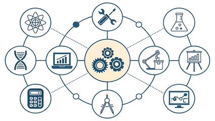 Interconnected icons representing science technology engineering and mathematics stem