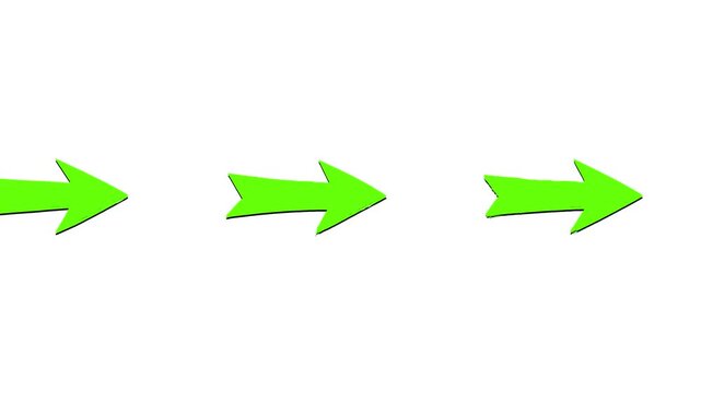 A sequence of bright neon green arrows animates from left to right against a clean white background. This high-visibility graphic is excellent for drawing attention to specific interface elements or h