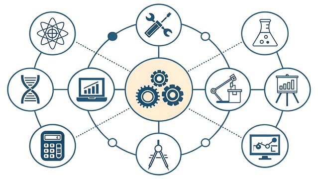 Interconnected icons representing science technology engineering and mathematics stem