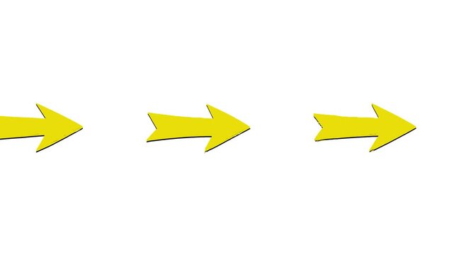 A vibrant 3D animated graphic showing a yellow directional arrow pointing right against a plain white studio background. Ideal for business presentations, instruction manuals, step-by-step tutorials, 