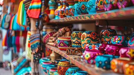 Fototapeta premium Colorful handcrafted pottery and textiles displayed on shelves in a vibrant market setting