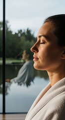 Serene profile shot of a woman in a white bathrobe relaxing with her eyes closed by a large window overlooking a calm lake and forest, promoting wellness.