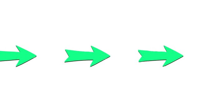 A sequence of bright neon green arrows animates from left to right against a clean white background. This high-visibility graphic is excellent for drawing attention to specific interface elements or h